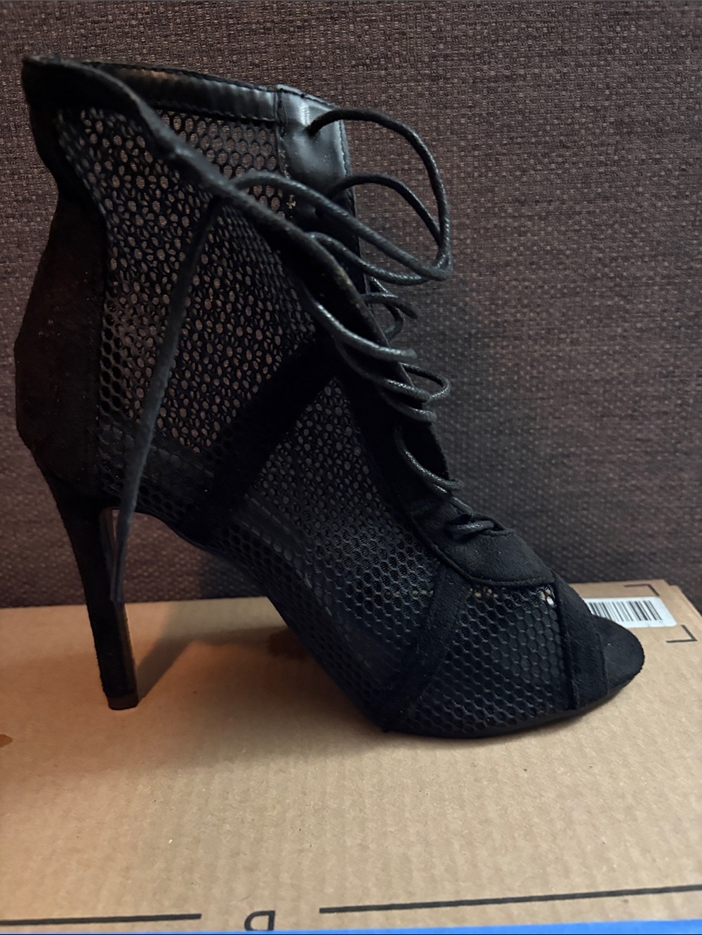 Black Lace-Up Mesh Peep Toe High Heels